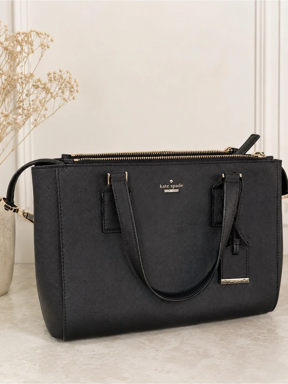 KATE SPADE Black Saffiano Leather Double-Zip Satchel